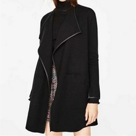Zara Knit Black Faux Leather Trim Cardigan - Picture 1 of 7